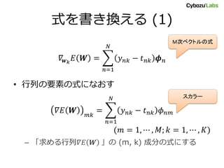 式を書き換える (1)
𝛻𝒘 𝑘
𝐸 𝑾 = 𝑦 𝑛𝑘 − 𝑡 𝑛𝑘 𝝓 𝑛
𝑁
𝑛=1
• 行列の要素の式になおす
𝛻𝐸 𝑾 𝑚𝑘
= 𝑦 𝑛𝑘 − 𝑡 𝑛𝑘 𝜙 𝑛𝑚
𝑁
𝑛=1
(𝑚 = 1, ⋯ , 𝑀; 𝑘 = 1, ⋯ , 𝐾)
– 「求める行列𝛻𝐸 𝑾 」の (m, k) 成分の式にする
M次ベクトルの式
スカラー
 