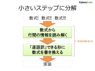 小さいステップに分解
数式! 数式!! 数式!!!
実装
数式から
行間の情報を読み解く
「逐語訳」できる形に
数式を書き換える
今日のポイント
 