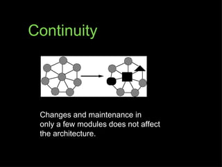 Continuity




 Changes and maintenance in
 only a few modules does not affect
 the architecture.
 