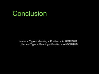 Conclusion


  Name < Type < Meaning < Position < ALGORITHM
   Name < Type < Meaning < Position < ALGORITHM
 