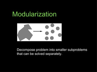 Modularization




 Decompose problem into smaller subproblems
 that can be solved separately.
 