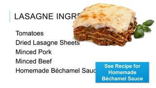 LASAGNE INGREDIENTS
Tomatoes
Dried Lasagne Sheets
Minced Pork
Minced Beef
                        See Recipe for
Homemade Béchamel Sauce Homemade
                          Béchamel Sauce
 