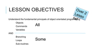 LESSON OBJECTIVES
Understand the fundamental principals of object orientated programming:
       Objects
       Commands           All
       Variables
AND
       Branching
       Loops              Some
       Sub-routines
 