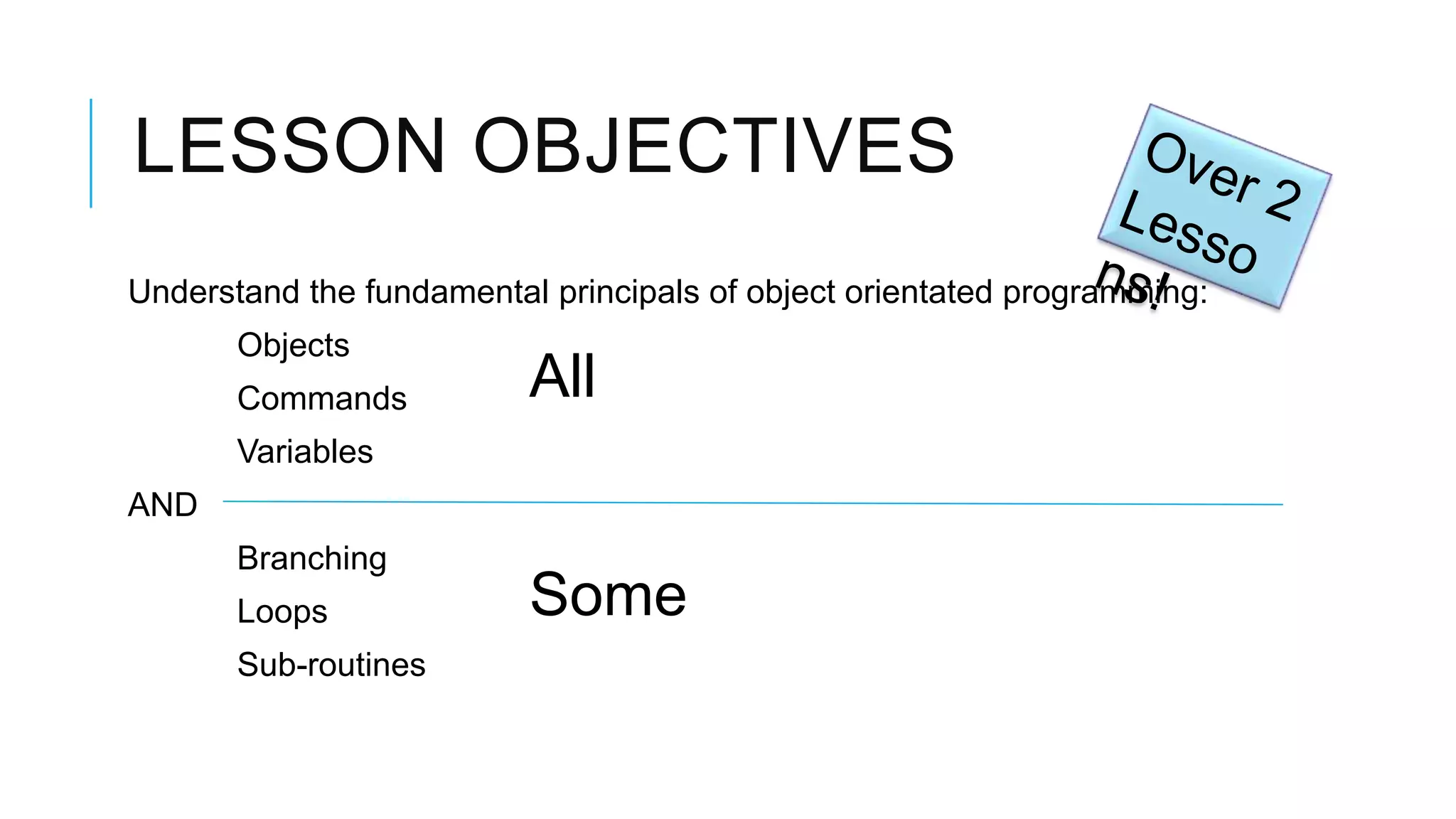 LESSON OBJECTIVES Understand the fundamental principals of object orientated programming: Objects Commands All Variables AND Branching Loops Some Sub-routines 