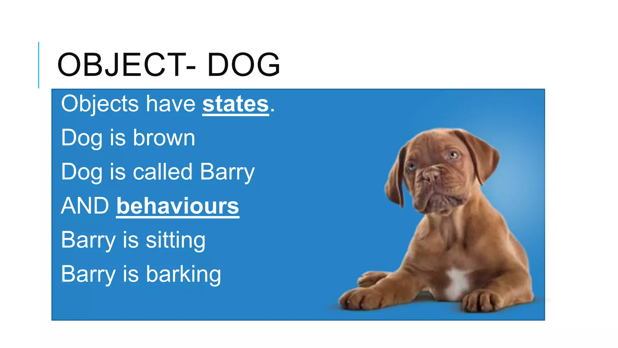 OBJECT- DOG Objects have states. Dog is brown Dog is called Barry AND behaviours Barry is sitting Barry is barking 