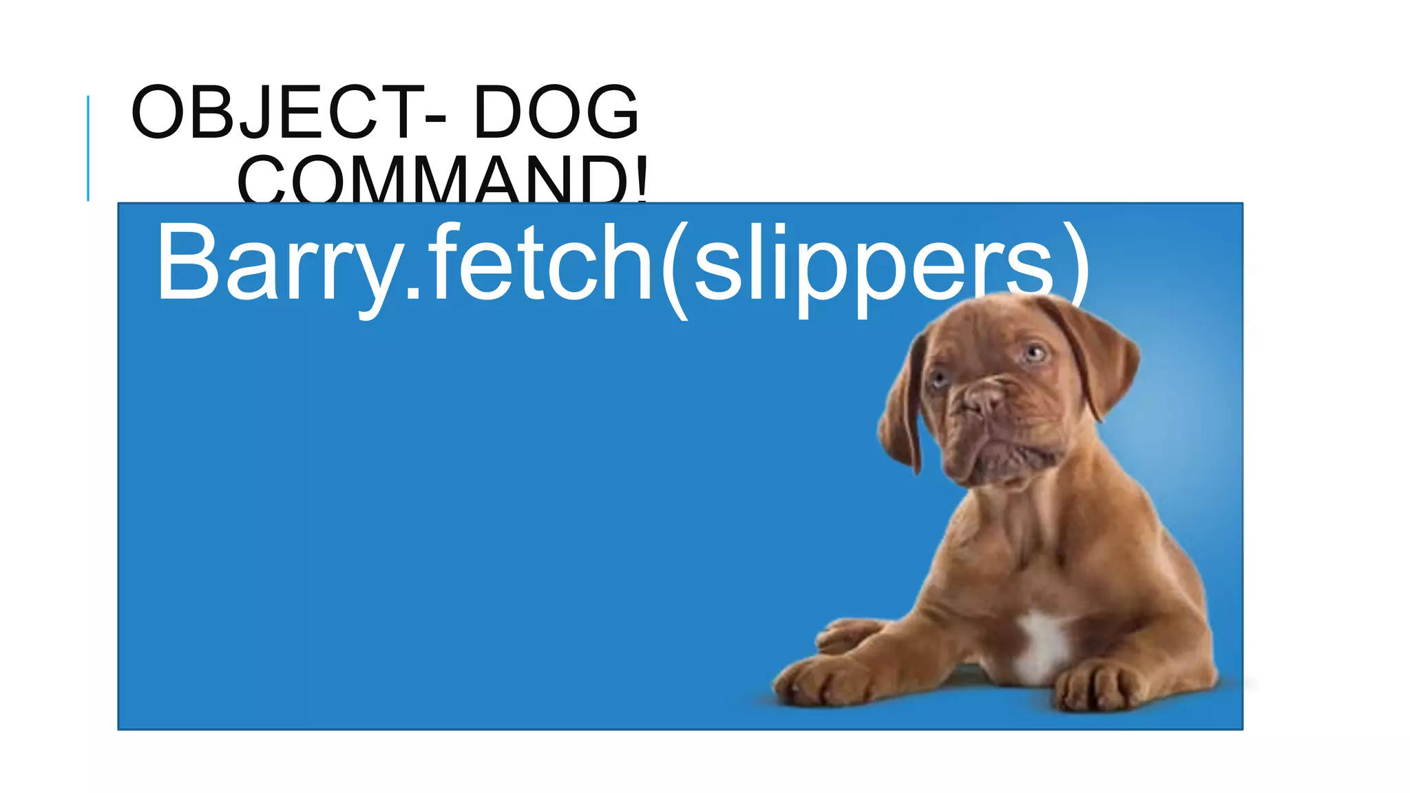 OBJECT- DOG COMMAND! Barry.fetch(slippers) 
