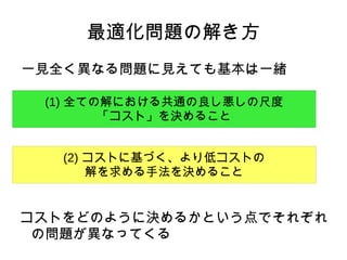 最適化とは 確率論的最適化(sthochastic optimization)とは、問題データ(目的関数や制約など)、あるいはアルゴリズム(ランダム変数、乱択etc)、あるいはその双方に存在する不完全な確率要素の最適化アルゴリズムの手法である(  http://en.wikipedia.org/wiki/Stochastic_optimization  より。翻訳は shiumachi) 