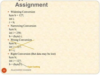 Assignment
30
 Widening Conversion
byte b = 127;
int i;
i = b;
 Narrowing Conversion
byte b;
int i = 258;
b = (byte) i;
 Wrong Conversion
byte b;
int i = 127;
b = i;
 Right Conversion (But data may be lost)
byte b;
int i = 127;
b = (byte) i;
Type Casting
RAJESHREE KHANDE
 