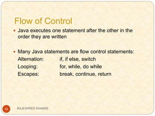 Flow of Control
32
 Java executes one statement after the other in the
order they are written
 Many Java statements are flow control statements:
Alternation: if, if else, switch
Looping: for, while, do while
Escapes: break, continue, return
RAJESHREE KHANDE
 