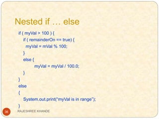 Nested if … else
36
if ( myVal > 100 ) {
if ( remainderOn == true) {
myVal = mVal % 100;
}
else {
myVal = myVal / 100.0;
}
}
else
{
System.out.print(“myVal is in range”);
}
RAJESHREE KHANDE
 