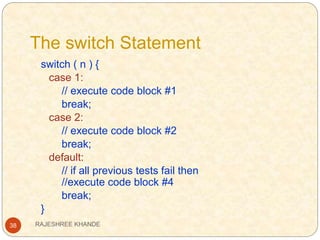 The switch Statement
38
switch ( n ) {
case 1:
// execute code block #1
break;
case 2:
// execute code block #2
break;
default:
// if all previous tests fail then
//execute code block #4
break;
}
RAJESHREE KHANDE
 