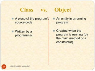 51
Class vs. Object
 A piece of the program’s
source code
 Written by a
programmer
 An entity in a running
program
 Created when the
program is running (by
the main method or a
constructor)
RAJESHREE KHANDE
 