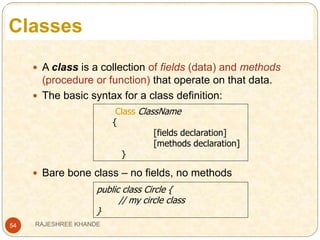 Classes
54
 A class is a collection of fields (data) and methods
(procedure or function) that operate on that data.
 The basic syntax for a class definition:
 Bare bone class – no fields, no methods
public class Circle {
// my circle class
}
Class ClassName
{
[fields declaration]
[methods declaration]
}
RAJESHREE KHANDE
 