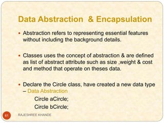 Data Abstraction & Encapsulation
61
 Abstraction refers to representing essential features
without including the background details.
 Classes uses the concept of abstraction & are defined
as list of abstract attribute such as size ,weight & cost
and method that operate on theses data.
 Declare the Circle class, have created a new data type
– Data Abstraction
Circle aCircle;
Circle bCircle;
RAJESHREE KHANDE
 
