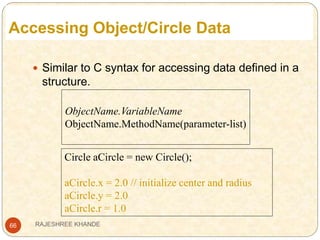 Accessing Object/Circle Data
66
 Similar to C syntax for accessing data defined in a
structure.
Circle aCircle = new Circle();
aCircle.x = 2.0 // initialize center and radius
aCircle.y = 2.0
aCircle.r = 1.0
ObjectName.VariableName
ObjectName.MethodName(parameter-list)
RAJESHREE KHANDE
 