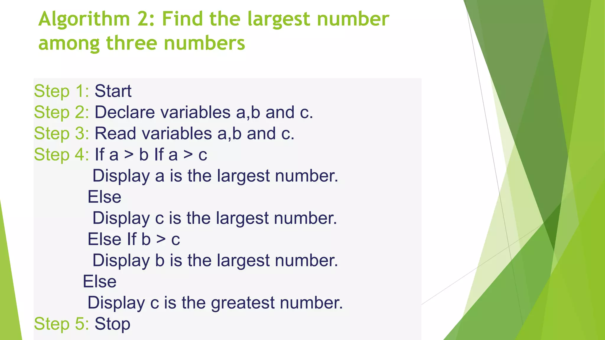 Algorithm 2: Find the largest number
among three numbers
Step 1: Start
Step 2: Declare variables a,b and c.
Step 3: Read variables a,b and c.
Step 4: If a > b If a > c
Display a is the largest number.
Else
Display c is the largest number.
Else If b > c
Display b is the largest number.
Else
Display c is the greatest number.
Step 5: Stop
 