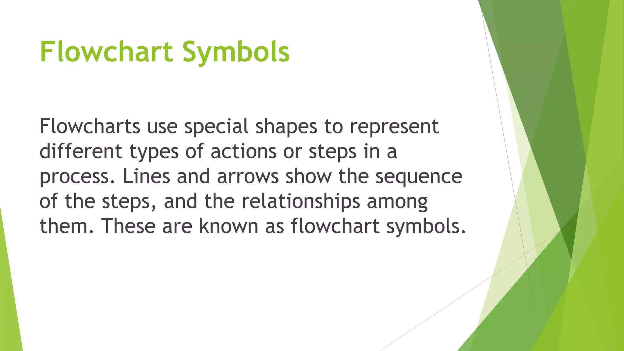 Flowchart Symbols
Flowcharts use special shapes to represent
different types of actions or steps in a
process. Lines and arrows show the sequence
of the steps, and the relationships among
them. These are known as flowchart symbols.
 