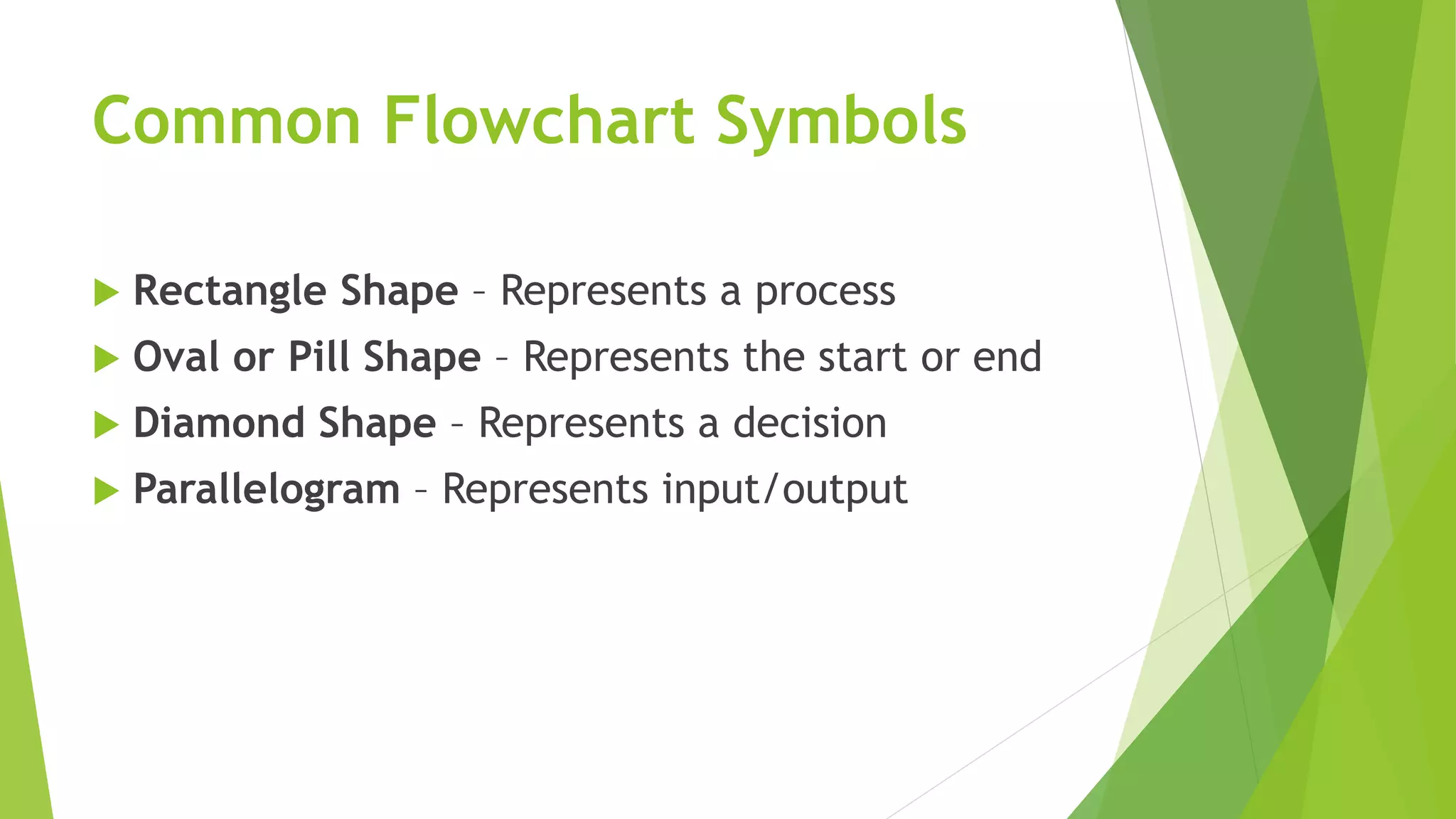 Common Flowchart Symbols
 Rectangle Shape – Represents a process
 Oval or Pill Shape – Represents the start or end
 Diamond Shape – Represents a decision
 Parallelogram – Represents input/output
 