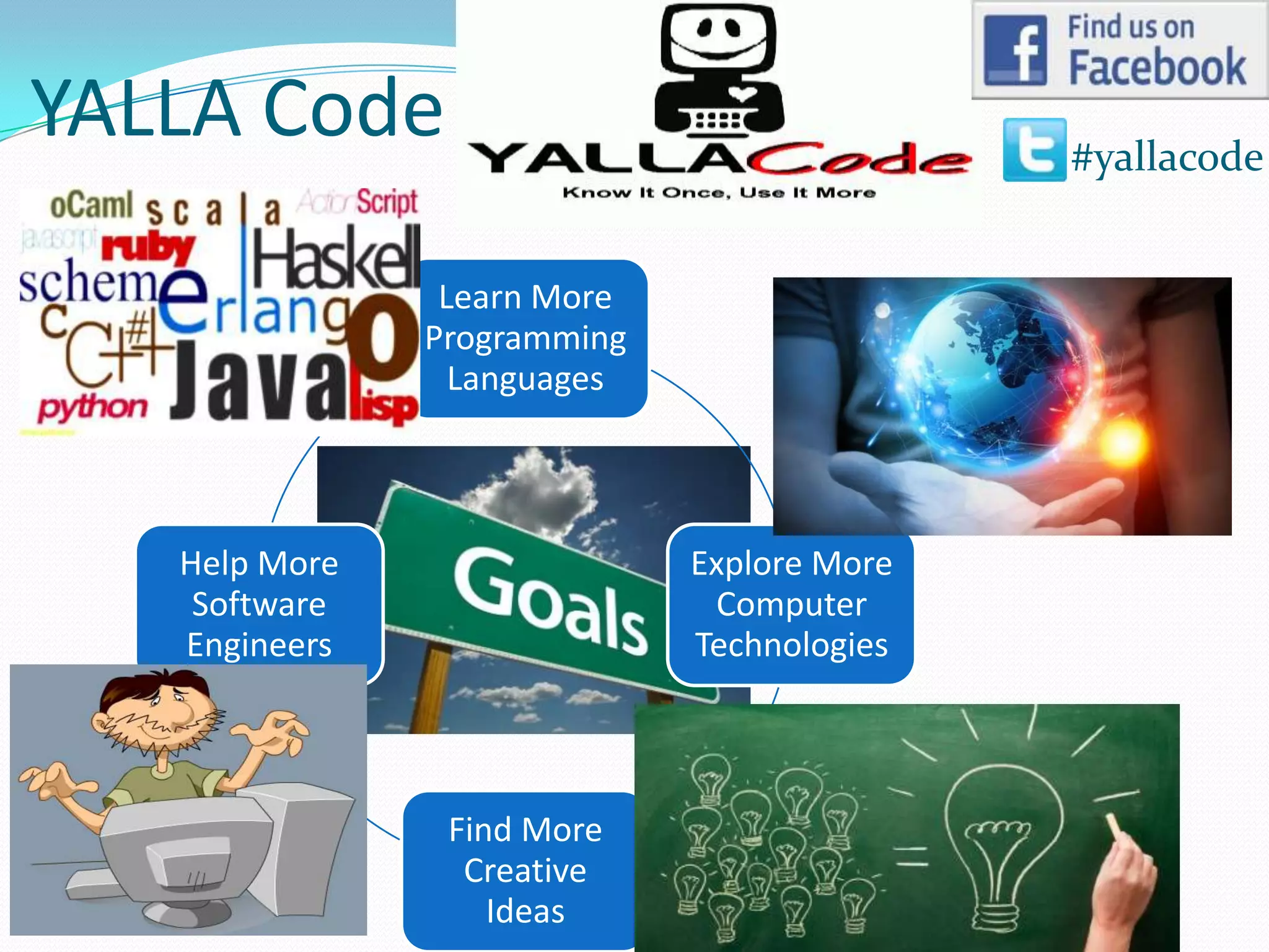 YALLA Code                                  #yallacode


                Learn More
               Programming
                 Languages



   Help More                 Explore More
    Software                  Computer
   Engineers                 Technologies



                Find More
                 Creative
                   Ideas
 