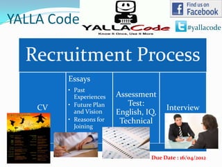 YALLA Code                                      #yallacode



  Recruitment Process
         Essays
         • Past
           Experiences   Assessment
         • Future Plan      Test:
    CV                                  Interview
           and Vision    English, IQ,
         • Reasons for    Technical
           Joining




                                   Due Date : 16/04/2012
 
