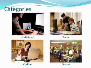 Categories



      Individual   Team




       Online      Onsite
 