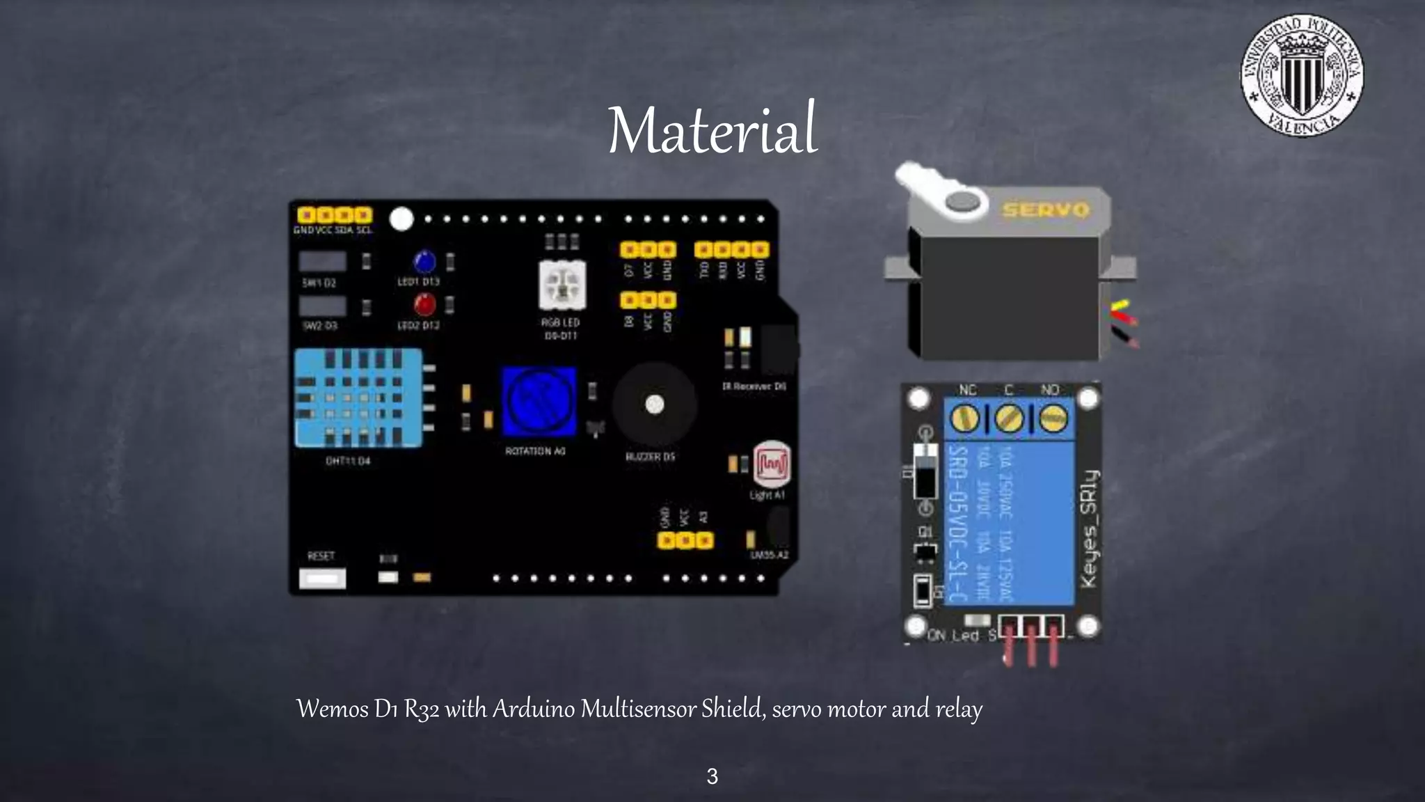 Material
3
Wemos D1 R32 with Arduino Multisensor Shield, servo motor and relay