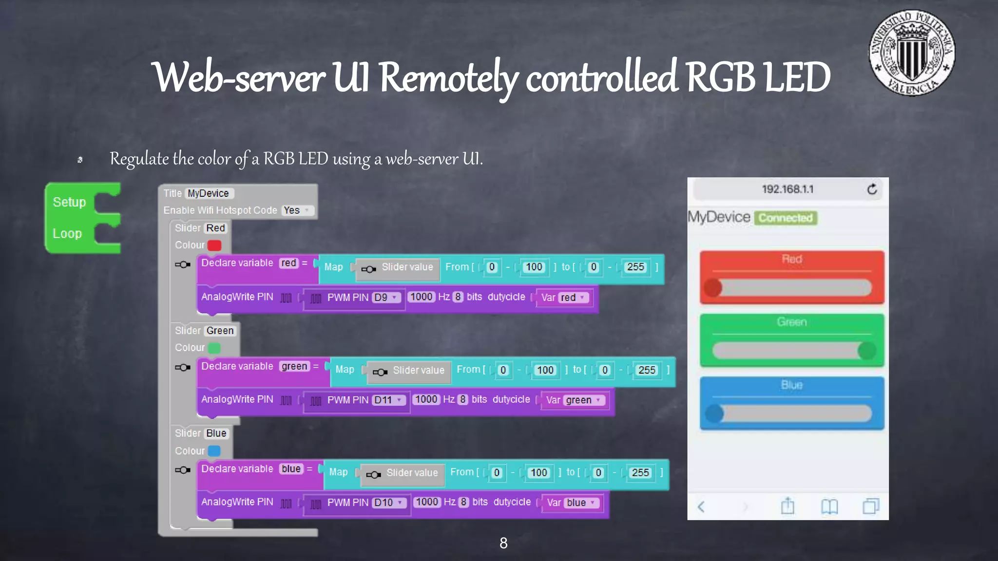 Web-server UI Remotely controlledRGB LED
Regulate the color of a RGB LED using a web-server UI.
8