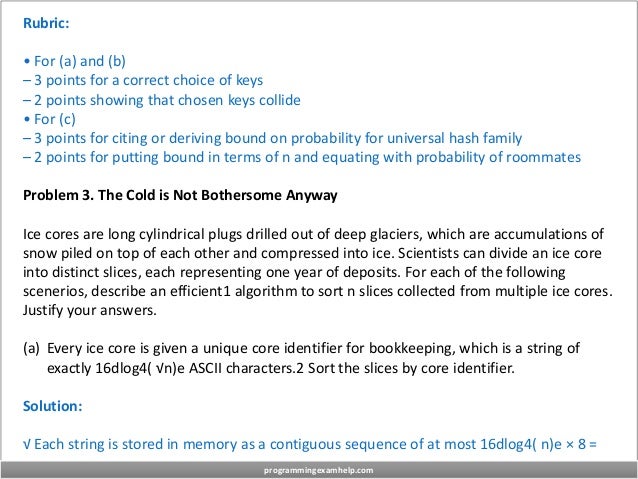 Rubric:
• For (a) and (b)
– 3 points for a correct choice of keys
– 2 points showing that chosen keys collide
• For (c)
– 3 points for citing or deriving bound on probability for universal hash family
– 2 points for putting bound in terms of n and equating with probability of roommates
Problem 3. The Cold is Not Bothersome Anyway
Ice cores are long cylindrical plugs drilled out of deep glaciers, which are accumulations of
snow piled on top of each other and compressed into ice. Scientists can divide an ice core
into distinct slices, each representing one year of deposits. For each of the following
scenerios, describe an efficient1 algorithm to sort n slices collected from multiple ice cores.
Justify your answers.
(a) Every ice core is given a unique core identifier for bookkeeping, which is a string of
exactly 16dlog4( √n)e ASCII characters.2 Sort the slices by core identifier.
Solution:
√ Each string is stored in memory as a contiguous sequence of at most 16dlog4( n)e × 8 =
programmingexamhelp.com
 