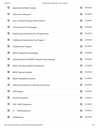 3/13/2019 Programming for Beginners - John Academy
https://www.johnacademy.co.uk/course/programming-for-beginners/ 4/15
 
 
 
 
 
 
 
 
 
 
 
 
 
 
 
 
 
 
Selecting The Right Compiler 00:30:0000:30:00
What Is An Interpreter 00:30:0000:30:00
How To Write A Program With An Editor 01:00:0001:00:00
The Functions Of A Debugger 01:00:0001:00:00
Build Strong Components For Programming 00:15:0000:15:00
Pro ling And Optimizing Your Program 01:00:0001:00:00
Installing Your Program 00:15:0000:15:00
BASIC Programming Language 01:00:0001:00:00
Getting Started with BASIC Programming Language 01:00:0001:00:00
BASIC Overview of BASIC Components 01:00:0001:00:00
BASIC Special Variables 01:00:0001:00:00
BASIC Probability Functions 01:00:0001:00:00
Filtering the Data Set or Splitting the Data Set 01:00:0001:00:00
DATA Blocks 01:00:0001:00:00
DELETE Statement 01:00:0001:00:00
FOR…NEXT Statement 01:00:0001:00:00
IF. . . THEN Statement 01:00:0001:00:00
Wrapping Up 00:15:0000:15:00
 
