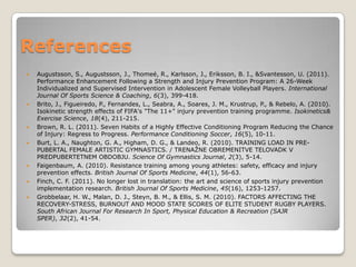References
   Augustsson, S., Augustsson, J., Thomeé, R., Karlsson, J., Eriksson, B. I., &Svantesson, U. (2011).
    Performance Enhancement Following a Strength and Injury Prevention Program: A 26-Week
    Individualized and Supervised Intervention in Adolescent Female Volleyball Players. International
    Journal Of Sports Science & Coaching, 6(3), 399-418.
   Brito, J., Figueiredo, P., Fernandes, L., Seabra, A., Soares, J. M., Krustrup, P., & Rebelo, A. (2010).
    Isokinetic strength effects of FIFA's "The 11+" injury prevention training programme. Isokinetics&
    Exercise Science, 18(4), 211-215.
   Brown, R. L. (2011). Seven Habits of a Highly Effective Conditioning Program Reducing the Chance
    of Injury: Regress to Progress. Performance Conditioning Soccer, 16(5), 10-11.
   Burt, L. A., Naughton, G. A., Higham, D. G., & Landeo, R. (2010). TRAINING LOAD IN PRE-
    PUBERTAL FEMALE ARTISTIC GYMNASTICS. / TRENAŽNE OBREMENITVE TELOVADK V
    PREDPUBERTETNEM OBDOBJU. Science Of Gymnastics Journal, 2(3), 5-14.
   Faigenbaum, A. (2010). Resistance training among young athletes: safety, efficacy and injury
    prevention effects. British Journal Of Sports Medicine, 44(1), 56-63.
   Finch, C. F. (2011). No longer lost in translation: the art and science of sports injury prevention
    implementation research. British Journal Of Sports Medicine, 45(16), 1253-1257.
   Grobbelaar, H. W., Malan, D. J., Steyn, B. M., & Ellis, S. M. (2010). FACTORS AFFECTING THE
    RECOVERY-STRESS, BURNOUT AND MOOD STATE SCORES OF ELITE STUDENT RUGBY PLAYERS.
    South African Journal For Research In Sport, Physical Education & Recreation (SAJR
    SPER), 32(2), 41-54.
 