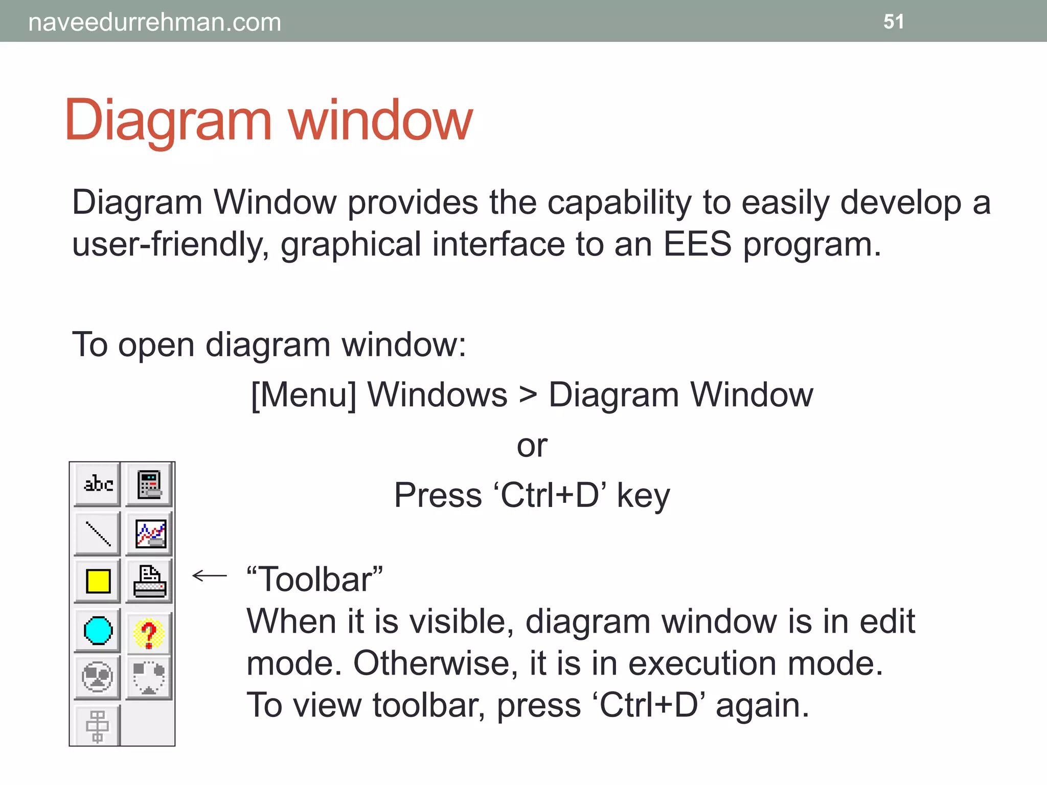 Diagram window
51
Diagram Window provides the capability to easily develop a
user-friendly, graphical interface to an EES program.
To open diagram window:
[Menu] Windows > Diagram Window
or
Press ‘Ctrl+D’ key
“Toolbar”
When it is visible, diagram window is in edit
mode. Otherwise, it is in execution mode.
To view toolbar, press ‘Ctrl+D’ again.
naveedurrehman.com
 