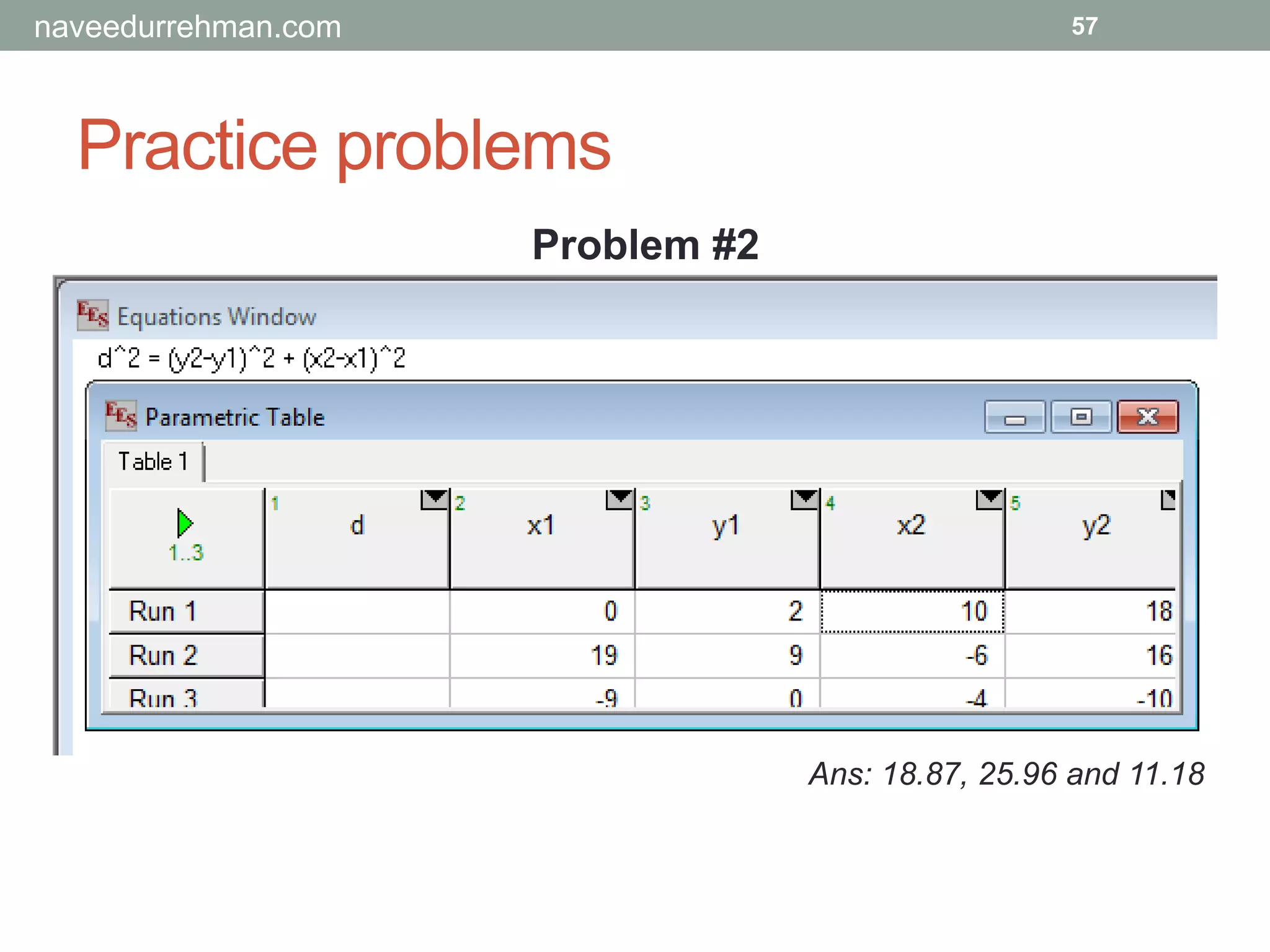 Practice problems
57
Problem #2
Calculate the least distance between following points using
parametric tables feature of EES:
• (0,2) and (10,18)
• (19,9) and (-6,16)
• (-9,0) and (-4,-10)
Distance formula: 𝑑2 = 𝑦2 − 𝑦1
2 + 𝑥2 − 𝑥1
2
Ans: 18.87, 25.96 and 11.18
naveedurrehman.com
 