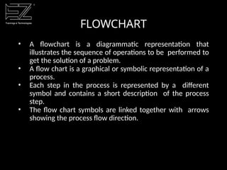 FLOWCHART
• A flowchart is a diagrammatic representation that
illustrates the sequence of operations to be performed to
get the solution of a problem.
• A flow chart is a graphical or symbolic representation of a
process.
• Each step in the process is represented by a different
symbol and contains a short description of the process
step.
• The flow chart symbols are linked together with arrows
showing the process flow direction.
 