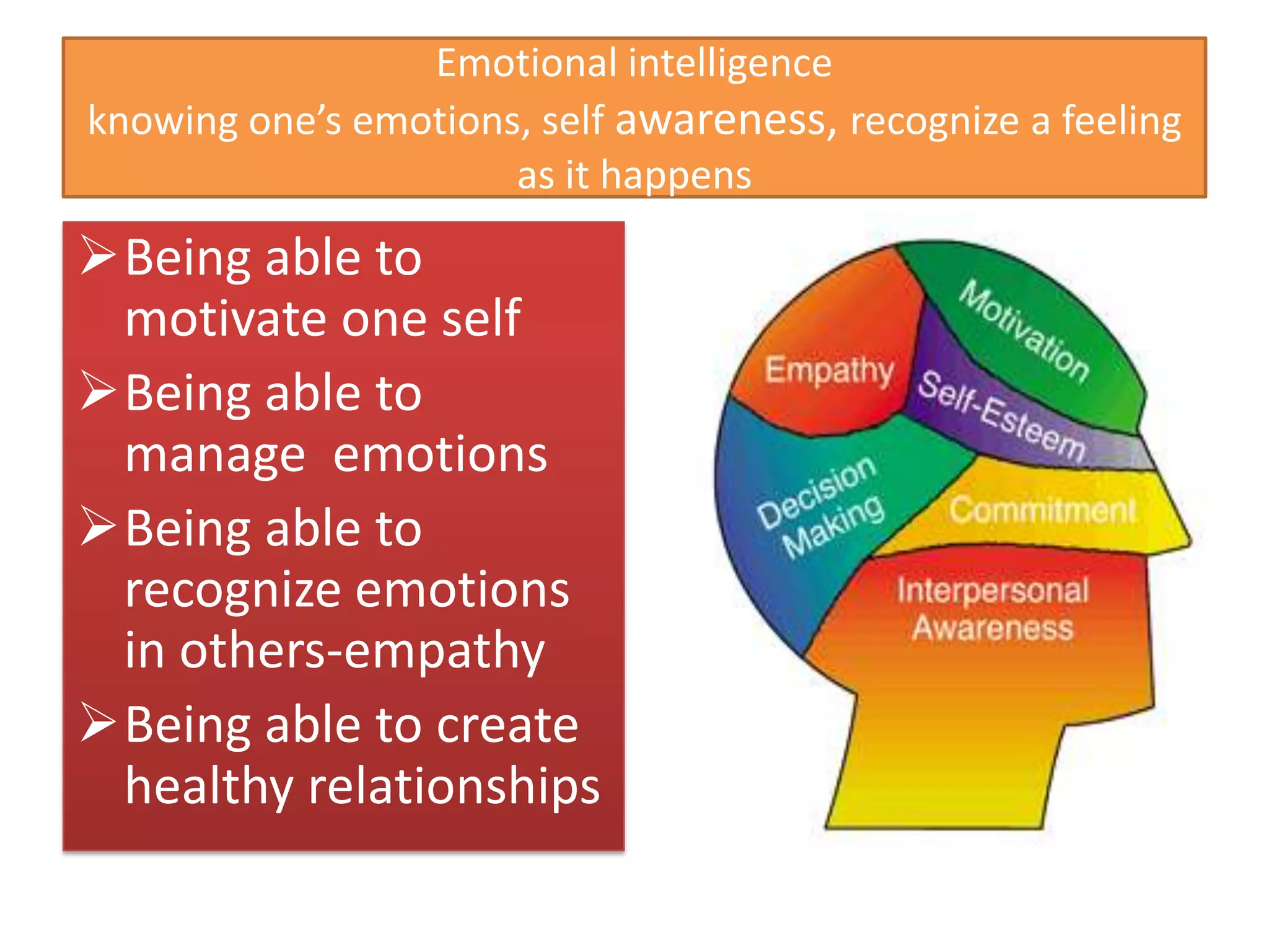 Emotional intelligence
knowing one’s emotions, self awareness, recognize a feeling
                      as it happens
Being able to
 motivate one self
Being able to
 manage emotions
Being able to
 recognize emotions
 in others-empathy
Being able to create
 healthy relationships
 