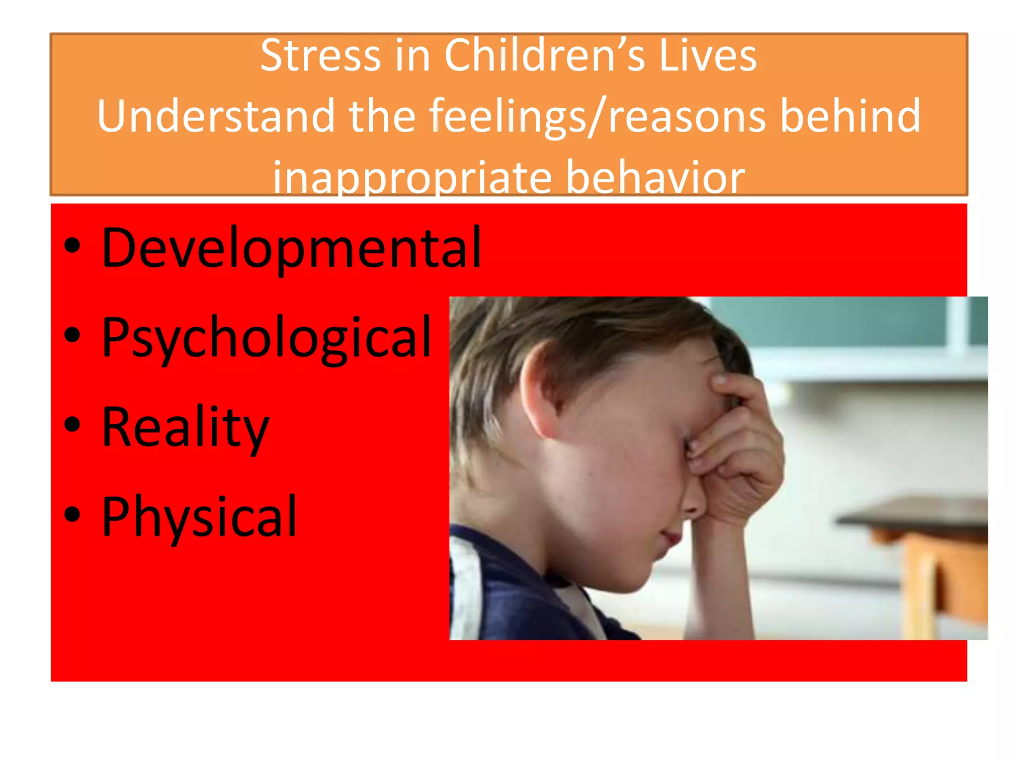 Stress in Children’s Lives
 Understand the feelings/reasons behind
         inappropriate behavior
• Developmental
• Psychological
• Reality
• Physical
 