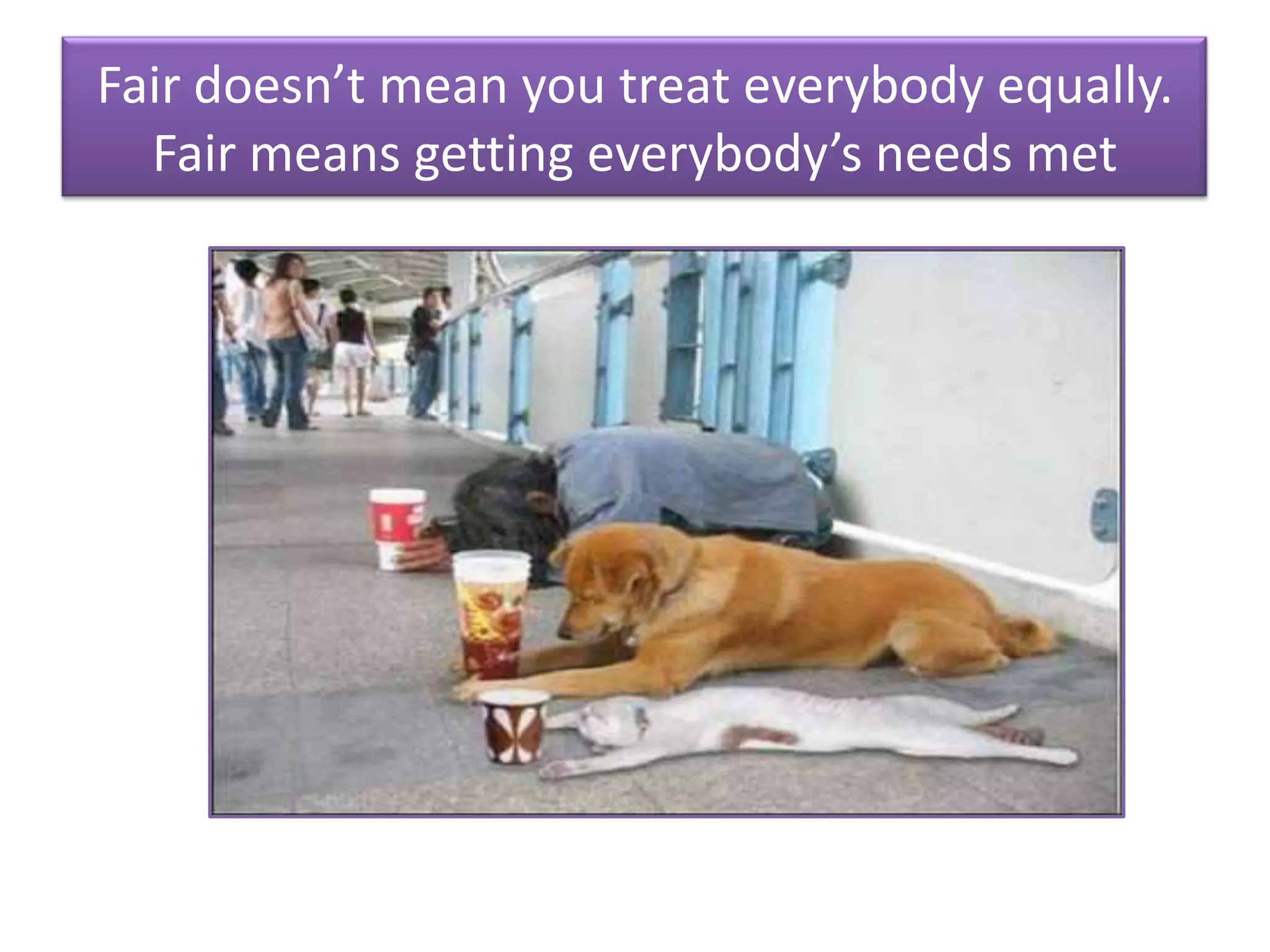 Fair doesn’t mean you treat everybody equally.
  Fair means getting everybody’s needs met
 