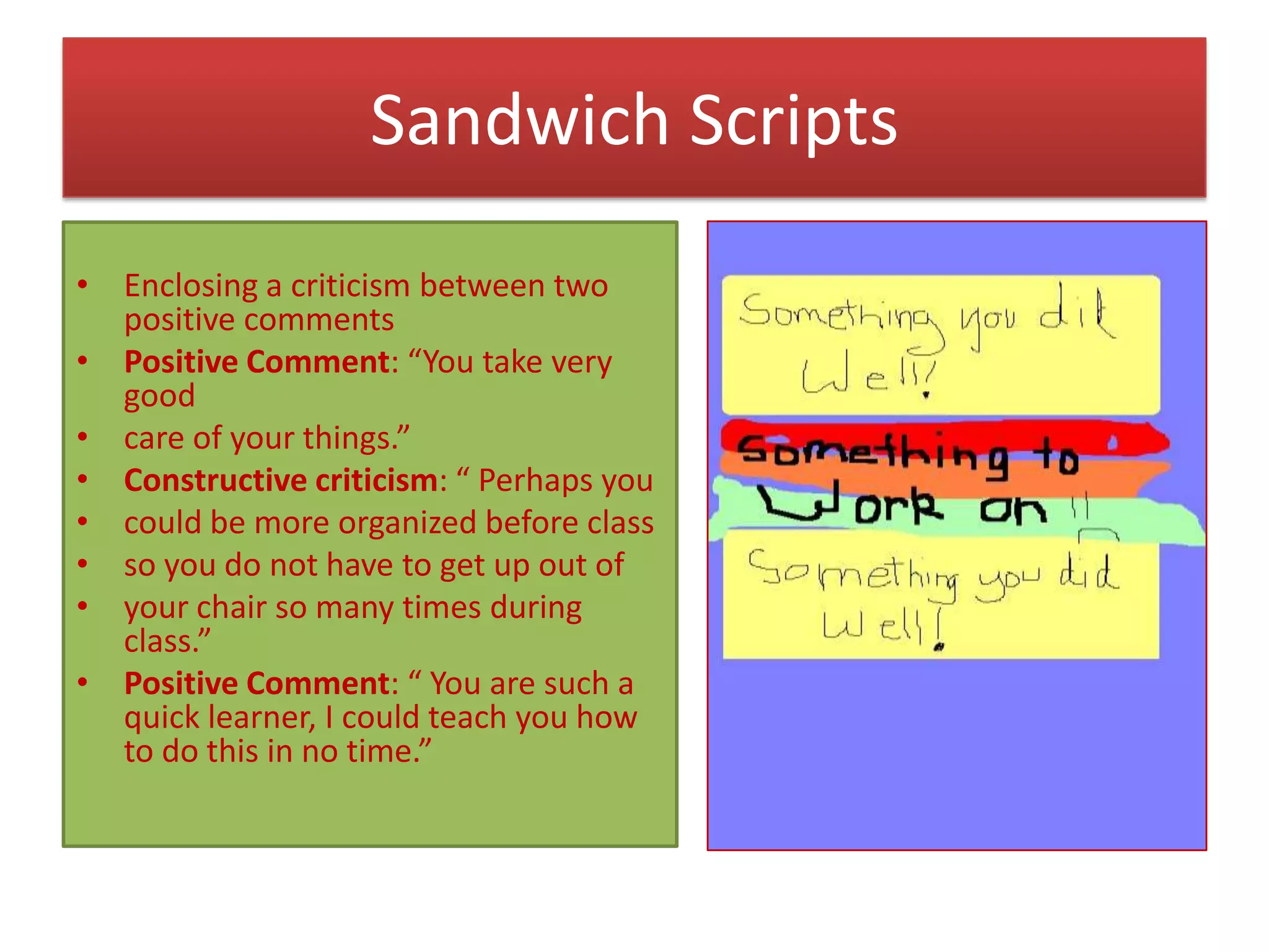 Sandwich Scripts
• Enclosing a criticism between two
  positive comments
• Positive Comment: “You take very
  good
• care of your things.”
• Constructive criticism: “ Perhaps you
• could be more organized before class
• so you do not have to get up out of
• your chair so many times during
  class.”
• Positive Comment: “ You are such a
  quick learner, I could teach you how
  to do this in no time.”
 