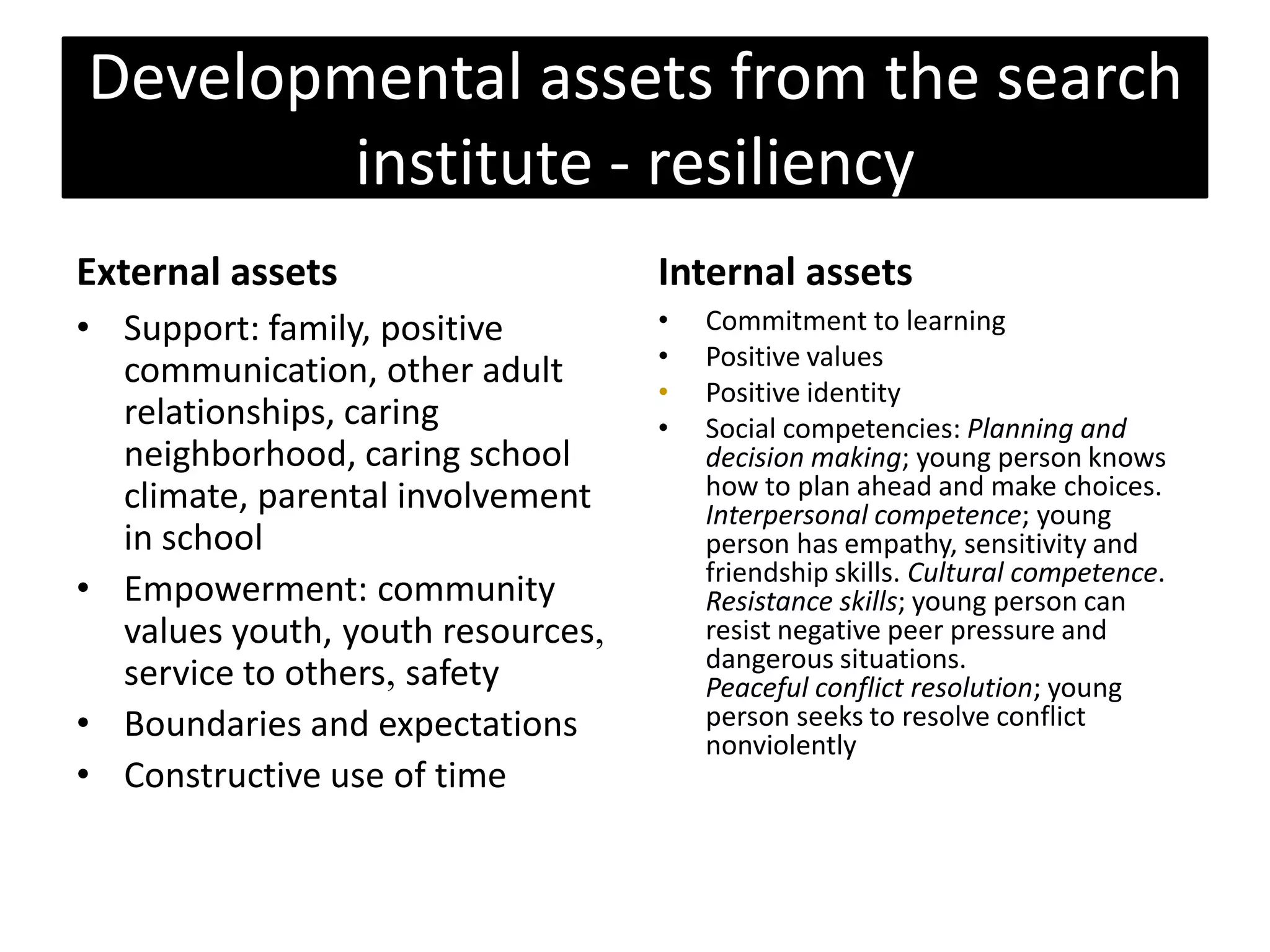 Developmental assets from the search
        institute - resiliency
External assets                    Internal assets
• Support: family, positive        •   Commitment to learning
                                   •   Positive values
  communication, other adult
                                   •   Positive identity
  relationships, caring            •   Social competencies: Planning and
  neighborhood, caring school          decision making; young person knows
  climate, parental involvement        how to plan ahead and make choices.
                                       Interpersonal competence; young
  in school                            person has empathy, sensitivity and
                                       friendship skills. Cultural competence.
• Empowerment: community               Resistance skills; young person can
  values youth, youth resources,       resist negative peer pressure and
                                       dangerous situations.
  service to others, safety            Peaceful conflict resolution; young
• Boundaries and expectations          person seeks to resolve conflict
                                       nonviolently
• Constructive use of time
 