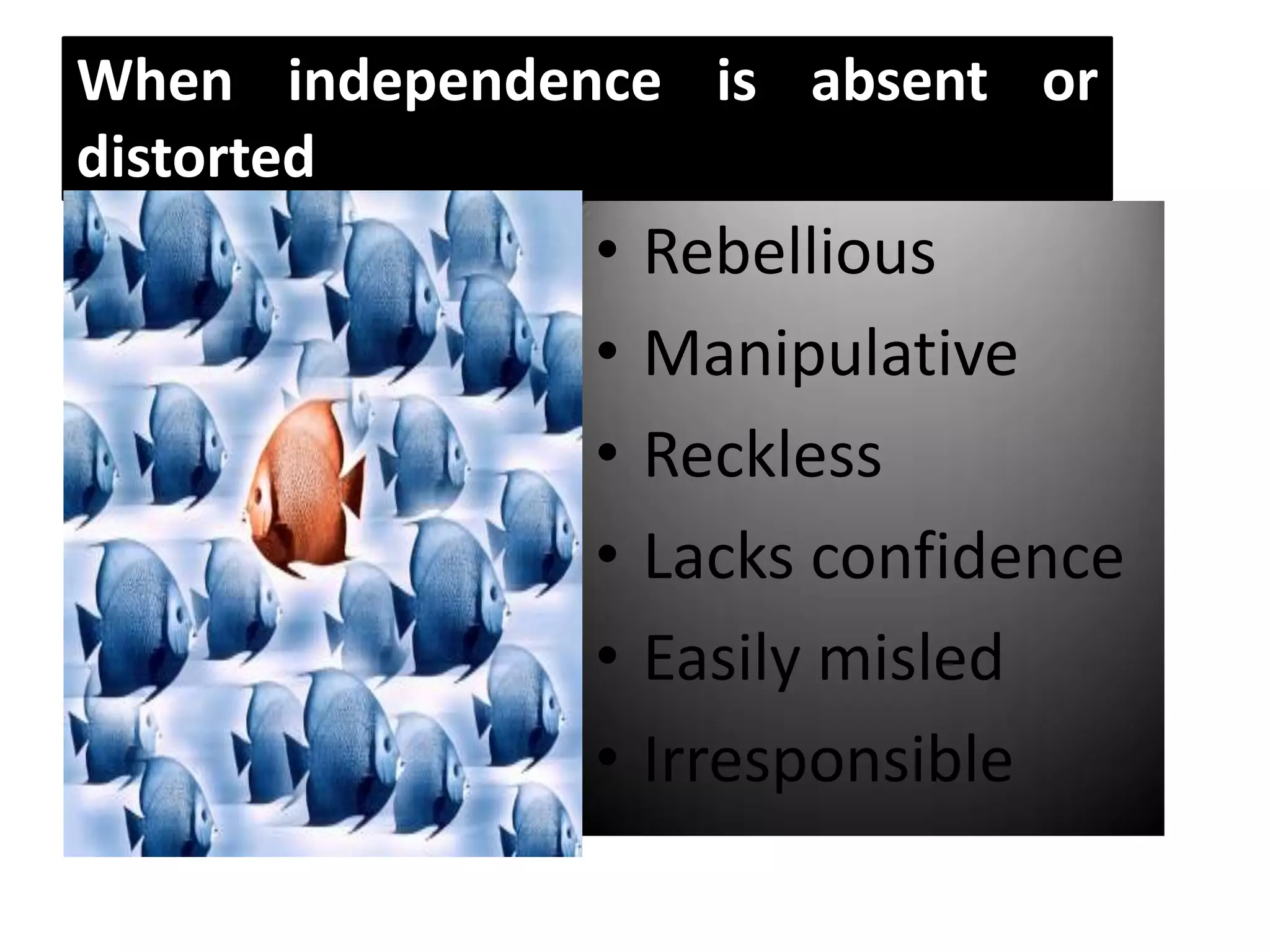 When independence is absent or
distorted
               •   Rebellious
               •   Manipulative
               •   Reckless
               •   Lacks confidence
               •   Easily misled
               •   Irresponsible
 