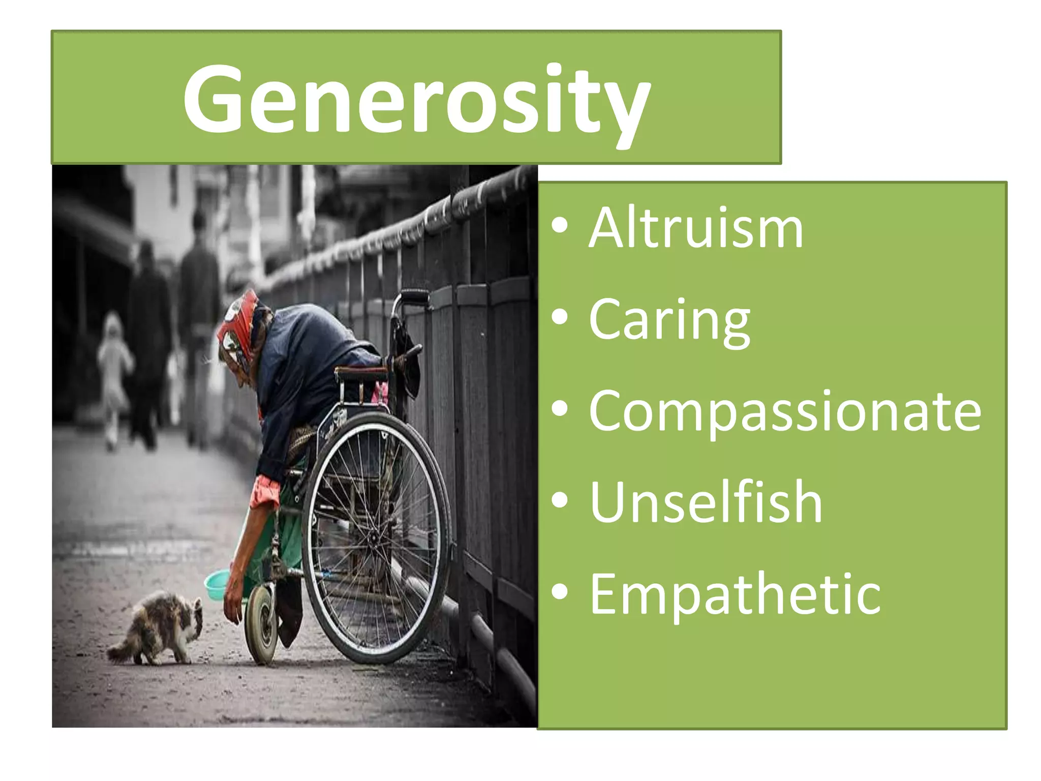 Generosity
       • Altruism
       • Caring
       • Compassionate
       • Unselfish
       • Empathetic
 