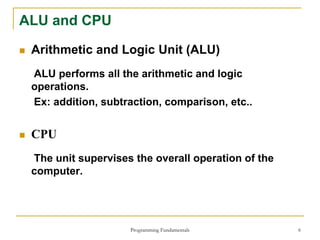Programming Fundamentals 6
ALU and CPU
 Arithmetic and Logic Unit (ALU)
ALU performs all the arithmetic and logic
operations.
Ex: addition, subtraction, comparison, etc..
 CPU
The unit supervises the overall operation of the
computer.
 