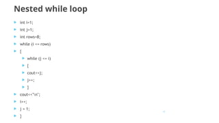 10
Nested while loop
 int i=1;
 int j=1;
 int rows=8;
 while (i <= rows)
 {
 while (j <= i)
 {
 cout<<j;
 j++;
 }
 cout<<"n";
 i++;
 j = 1;
 }
 