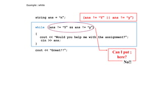 Example : while
string ans = “n”;
while (ans != “Y” && ans != “y”)
{
cout << “Would you help me with the assignment?”;
cin >> ans;
}
cout << “Great!!”;
(ans != “Y” || ans != “y”)
Can I put ;
here?
No!!
 
