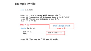 Example : while
int a,b,sum;
cout << “This program will return the ”;
cout << “summation of integers from a to b.nn”;
cout << “Input two integers a and b:”;
cin >> a >> b;
while (a <= b)
{
sum += a;
a++;
}
cout << “The sum is ” << sum << endl;
sum = 0;
sum = sum + a;
Don’t forget to set
sum = 0;
 