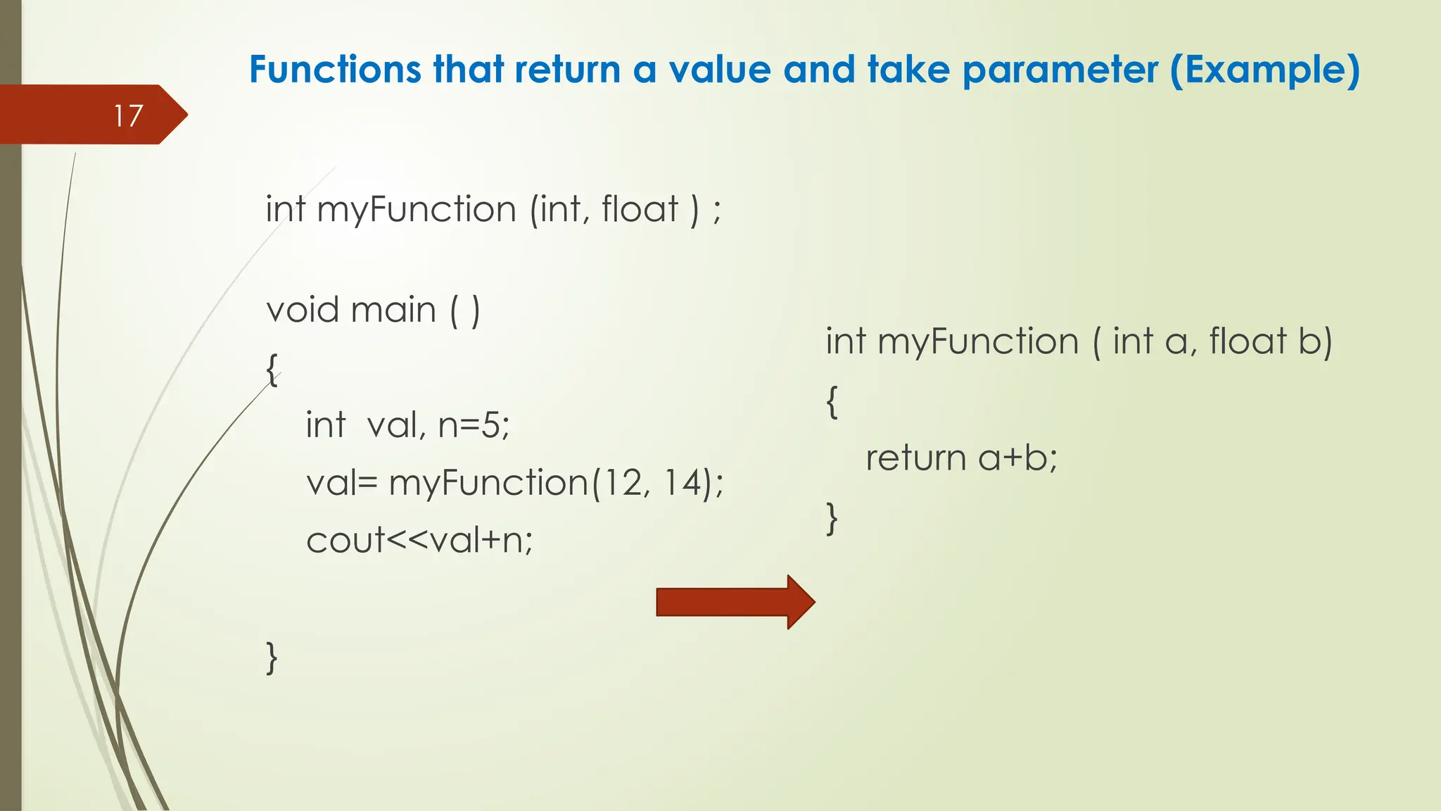 17
Functions that return a value and take parameter (Example)
int myFunction (int, float ) ;
void main ( )
{
int val, n=5;
val= myFunction(12, 14);
cout<<val+n;
}
int myFunction ( int a, float b)
{
return a+b;
}
 