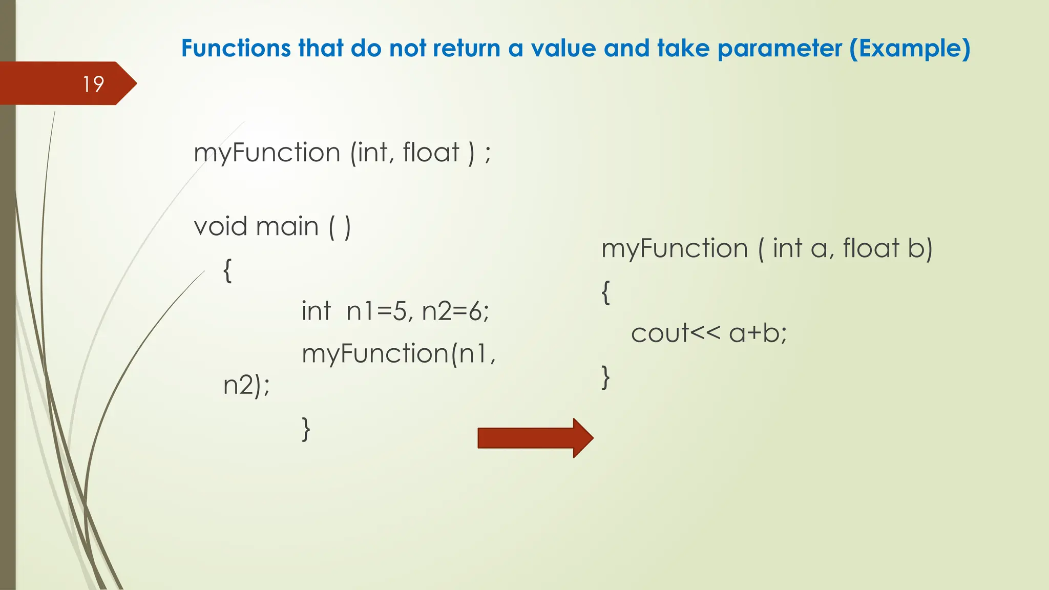 19
Functions that do not return a value and take parameter (Example)
myFunction (int, float ) ;
void main ( )
{
int n1=5, n2=6;
myFunction(n1,
n2);
}
myFunction ( int a, float b)
{
cout<< a+b;
}
 