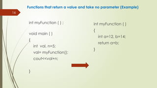 16
Functions that return a value and take no parameter (Example)
int myFunction ( ) ;
void main ( )
{
int val, n=5;
val= myFunction();
cout<<val+n;
}
int myFunction ( )
{
int a=12, b=14;
return a+b;
}
 