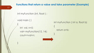17
Functions that return a value and take parameter (Example)
int myFunction (int, float ) ;
void main ( )
{
int val, n=5;
val= myFunction(12, 14);
cout<<val+n;
}
int myFunction ( int a, float b)
{
return a+b;
}
 