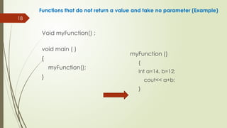 18
Functions that do not return a value and take no parameter (Example)
Void myFunction() ;
void main ( )
{
myFunction();
}
myFunction ()
{
Int a=14, b=12;
cout<< a+b;
}
 