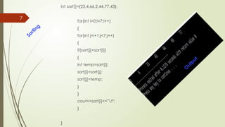 7
Sorting
int sort[]={23,4,66,2,44,77,43};
for(int i=0;i<7;i++)
{
for(int j=i+1;j<7;j++)
{
if(sort[j]<sort[i])
{
int temp=sort[i];
sort[i]=sort[j];
sort[j]=temp;
}
}
cout<<sort[i]<<"t";
}
}
O
utput
 